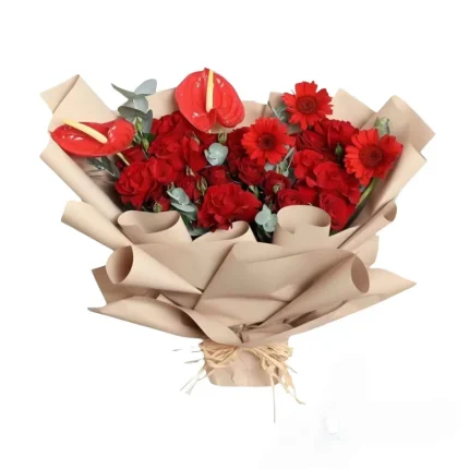 دسته گل رز، آنتوریوم، ژربرا طبیعی کد104